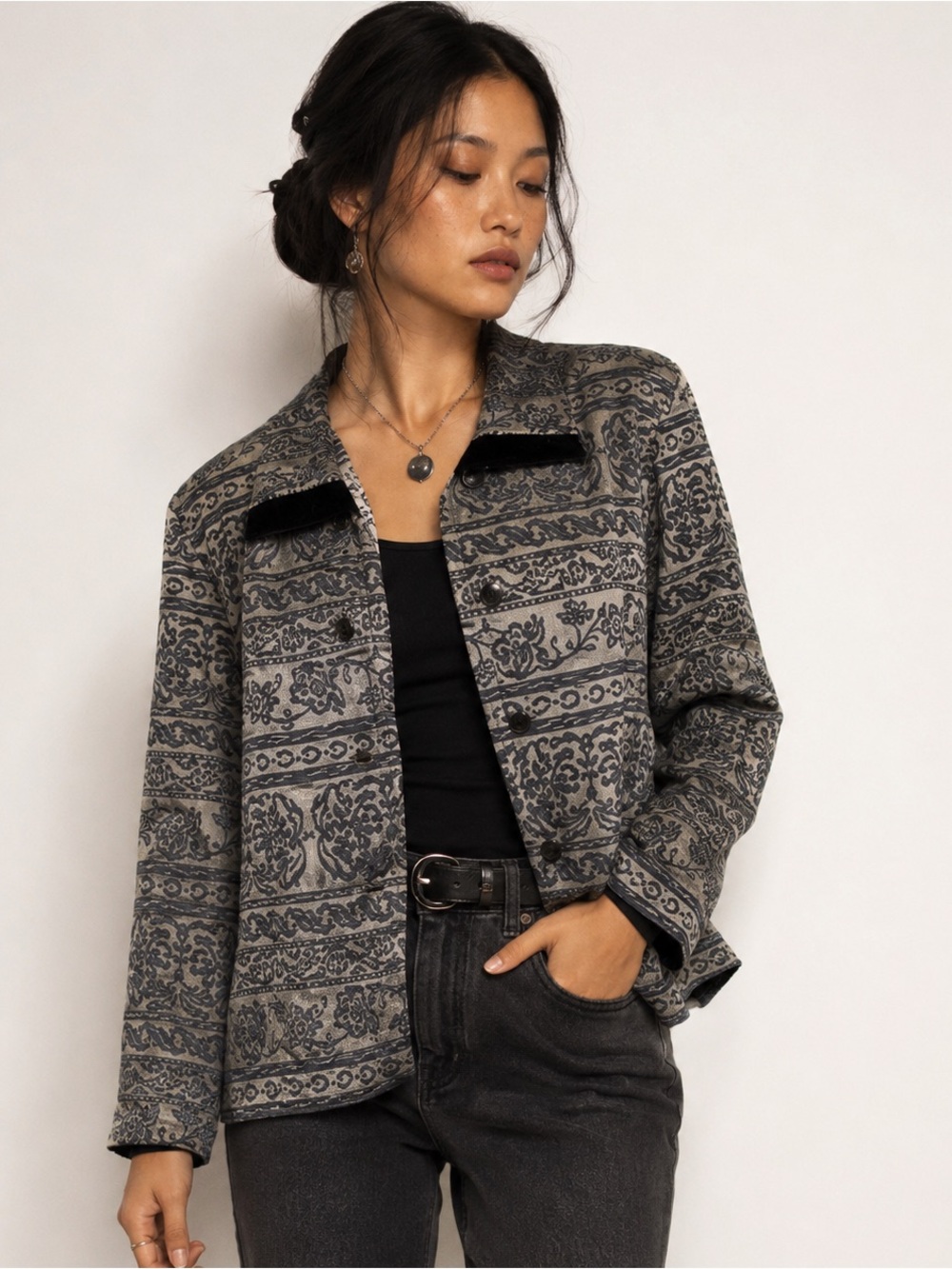 Sunshine Starshine Vintage 90s Gray Shimmer Tapestry Floral Jacket Blazer | L/XL
